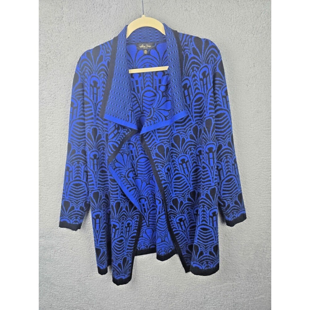 Melissa Paige Cardigan Duster Royal Blue Black PM Boho Geometric Open Front